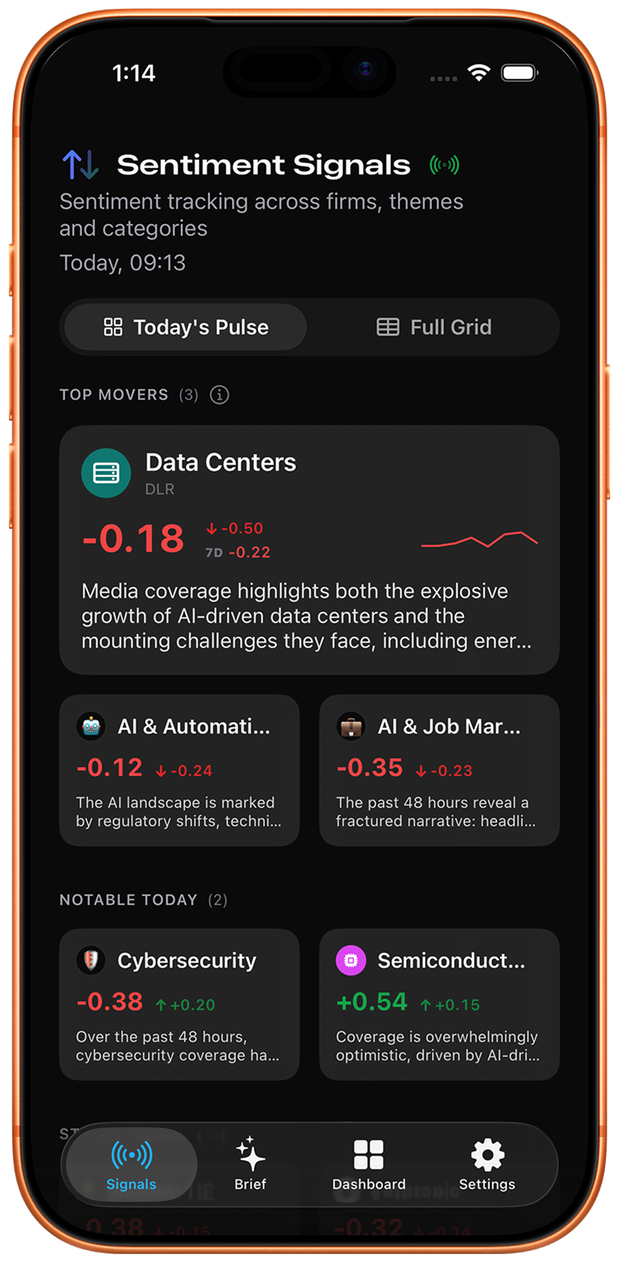 Today's Pulse on iPhone with top movers and notable signals